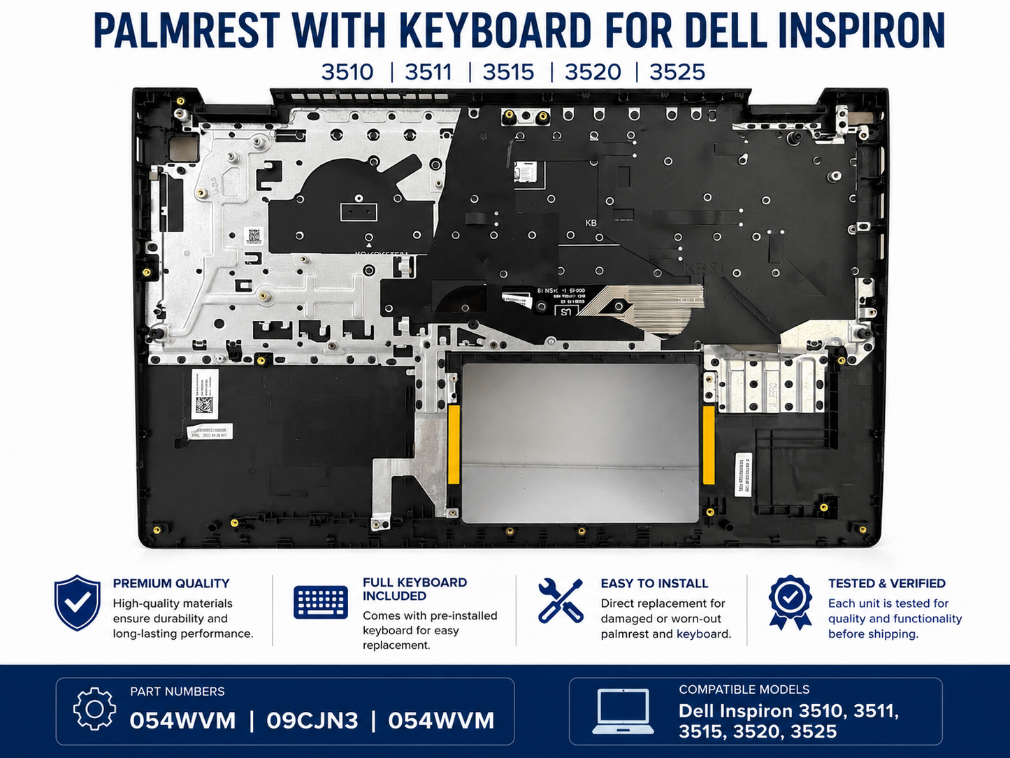 Dell Inspiron 15 3510 3511 3515 3520 3525 15.6 Inch Palmrest with Keyboard & Touchpad Non-Backlit Compatible Replacement