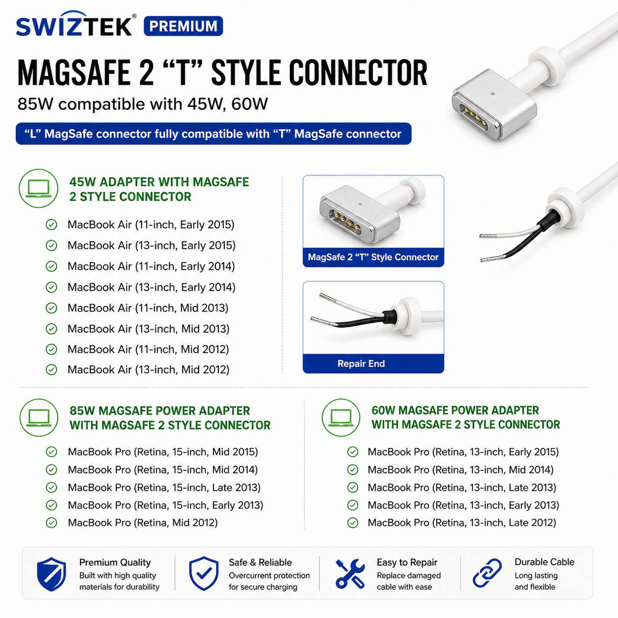 45W MagSafe 2 Power Adapter Charger for Apple MacBook Air Compatible Replacement